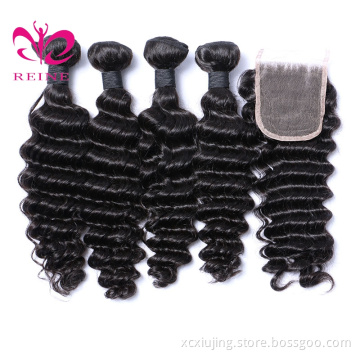 Virgin Indian Cuticle Aligned Hair Deep Wave Curly Closure with Baby Hair 10A Unprocessed Human Hair Bundles Extensions